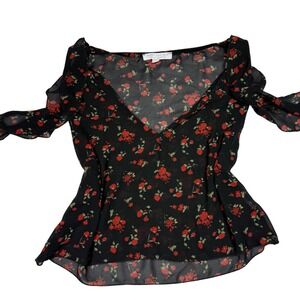 Don't Ask Why Blouse Women's One Size Black Roses Sheer Romantic Ruffles Cute